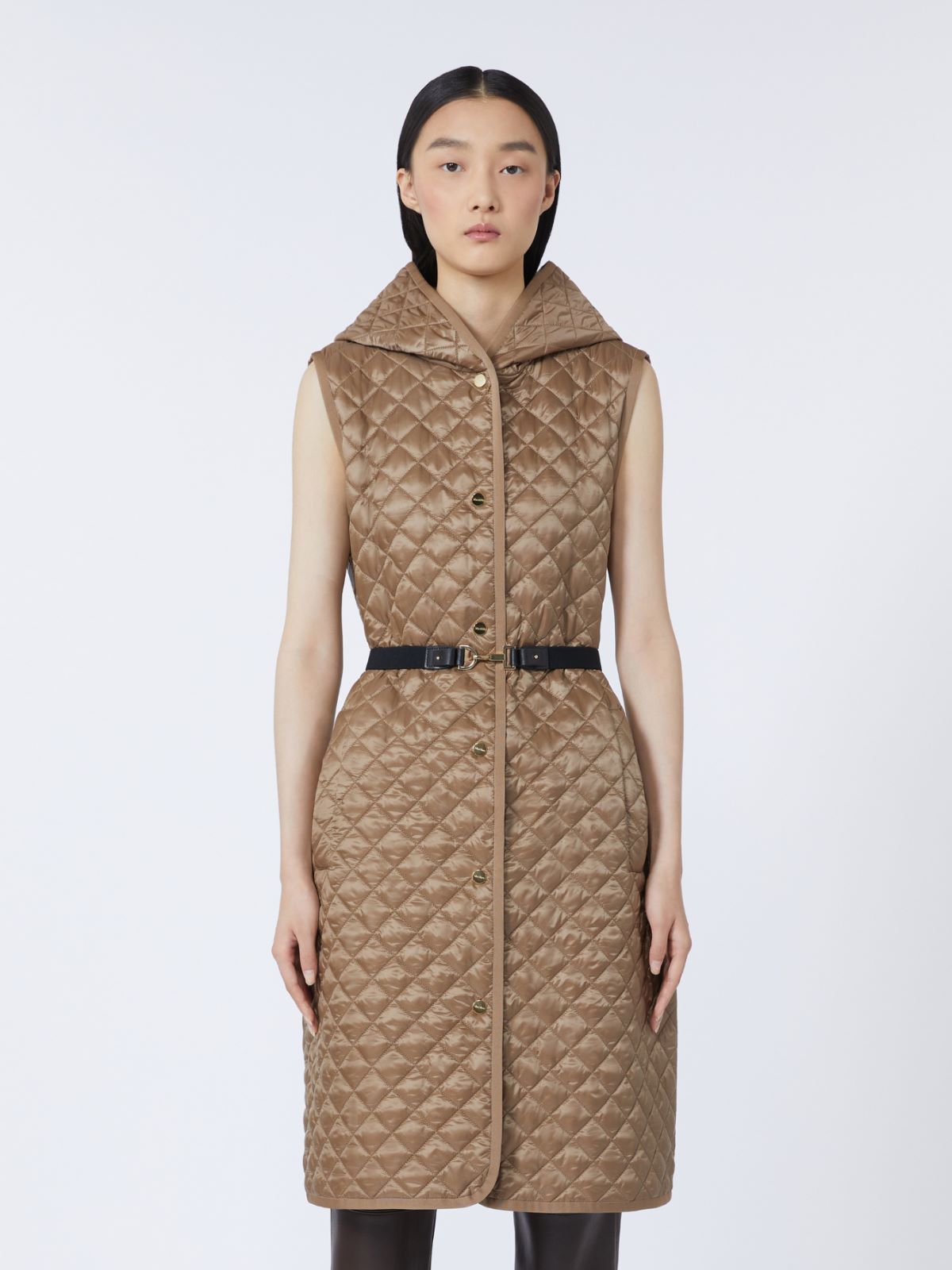 Long water-repellent canvas padded gilet - Hazelnut brown