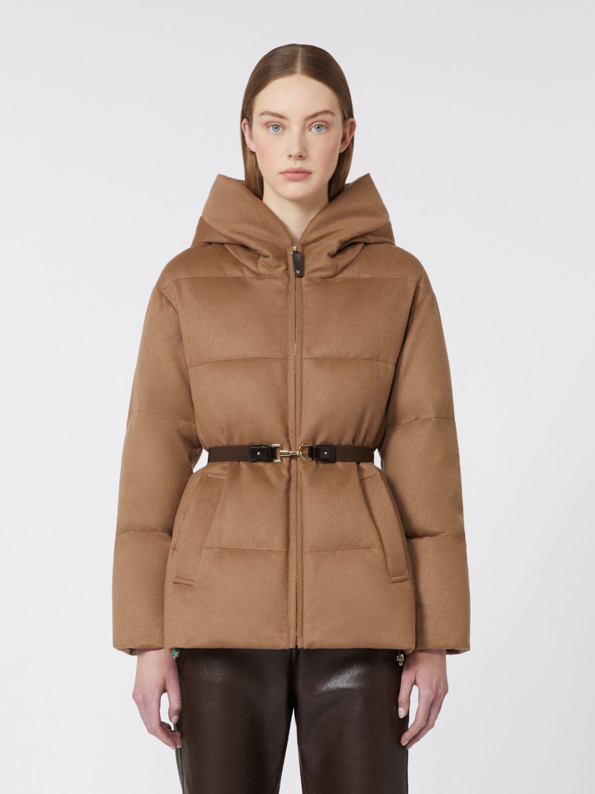 Short water-repellent canvas and camel down jacket - Brown
