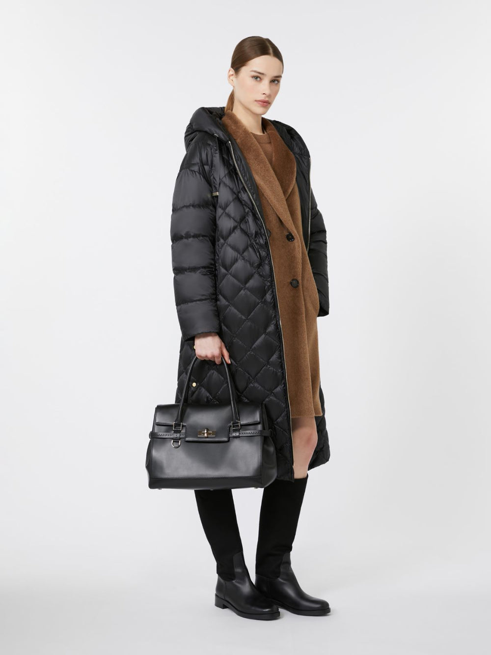 Long quilted down jacket in water-repellent fabric - Black