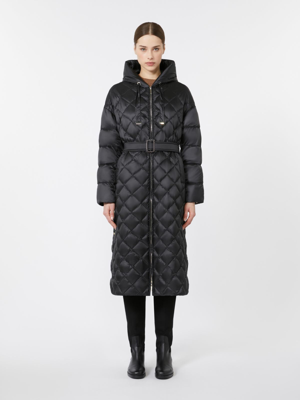 Long quilted down jacket in water-repellent fabric - Black