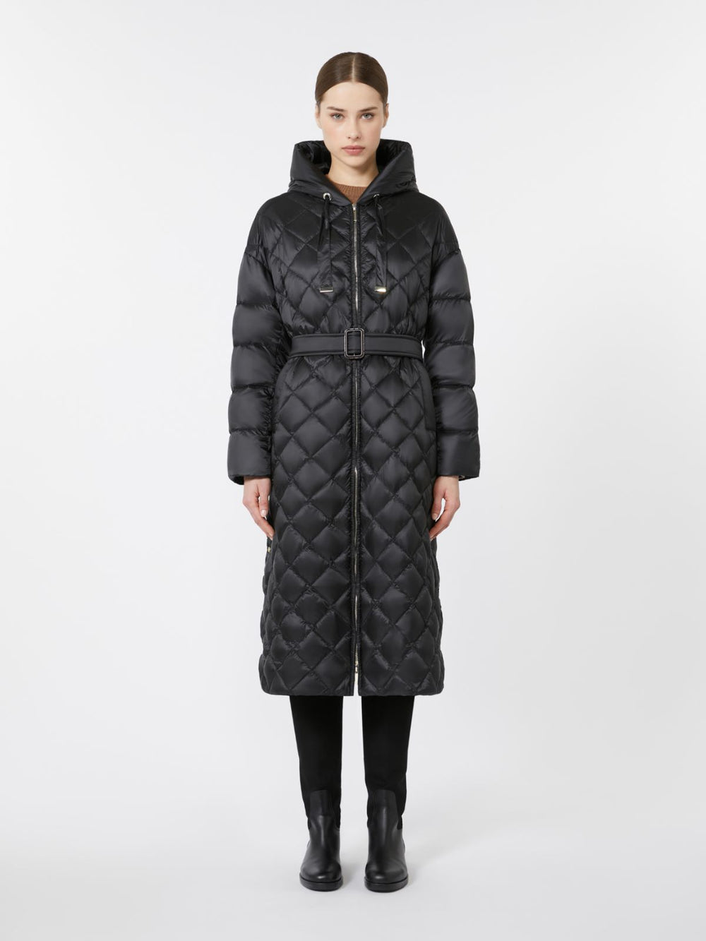 Long quilted down jacket in water-repellent fabric - Black